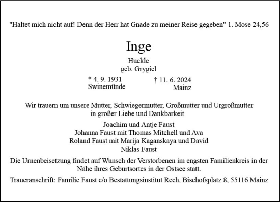 Traueranzeige von Inge Huckle von Allgemeine Zeitung Mainz