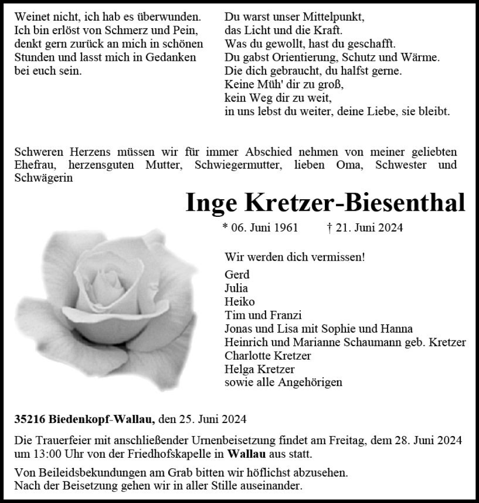  Traueranzeige für Inge Kretzer-Biesenthal vom 25.06.2024 aus Hinterländer Anzeiger