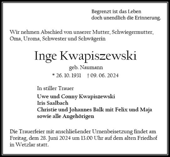 Traueranzeige von Inge Kwapiszewski von Wetzlarer Neue Zeitung