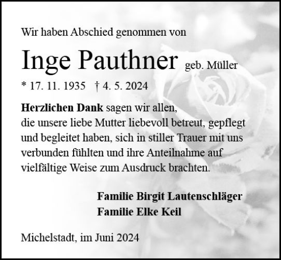 Traueranzeige von Inge Pauthner von Odenwälder Echo