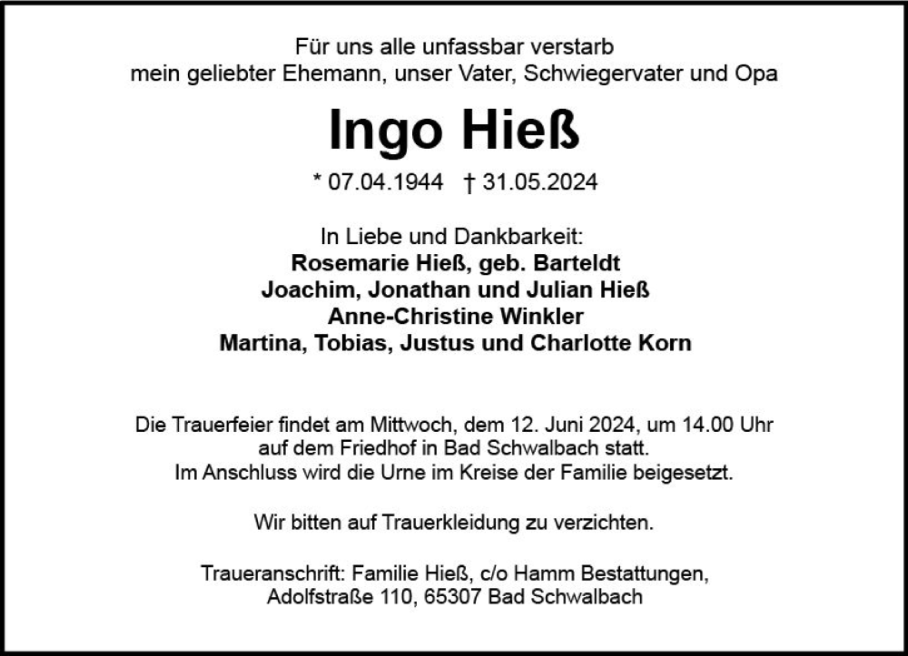  Traueranzeige für Ingo Hieß vom 08.06.2024 aus Wiesbadener Kurier