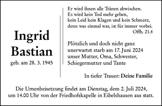 Traueranzeige von Ingrid Bastian von Dill Block