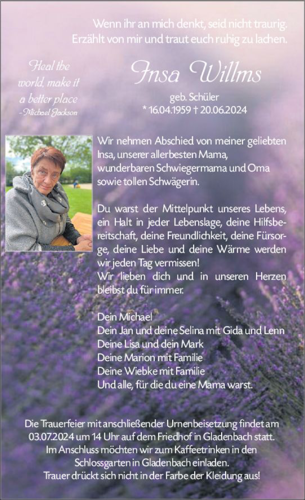  Traueranzeige für Insa Willms vom 28.06.2024 aus Hinterländer Anzeiger