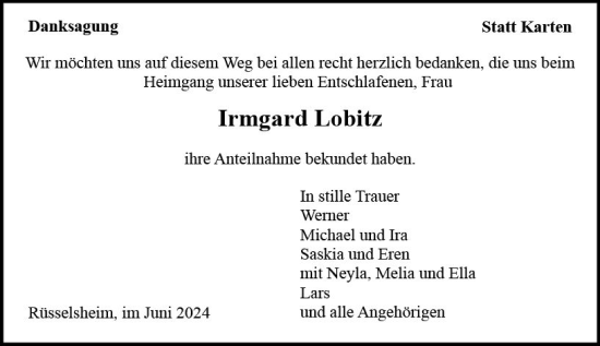 Traueranzeige von Irmgard Lobitz von Rüsselsheimer Echo