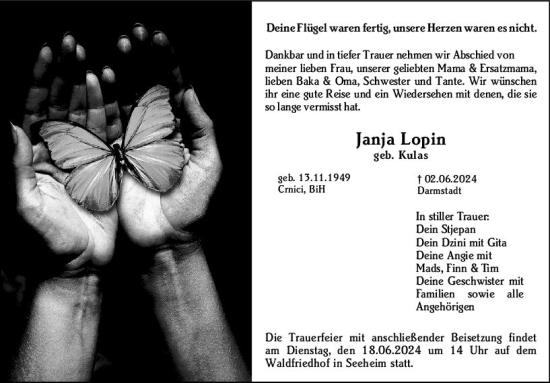 Traueranzeige von Janja Lopin von Darmstädter Echo