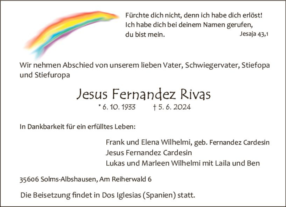  Traueranzeige für Jesus Fernandez Rivas vom 14.06.2024 aus Wetzlarer Neue Zeitung
