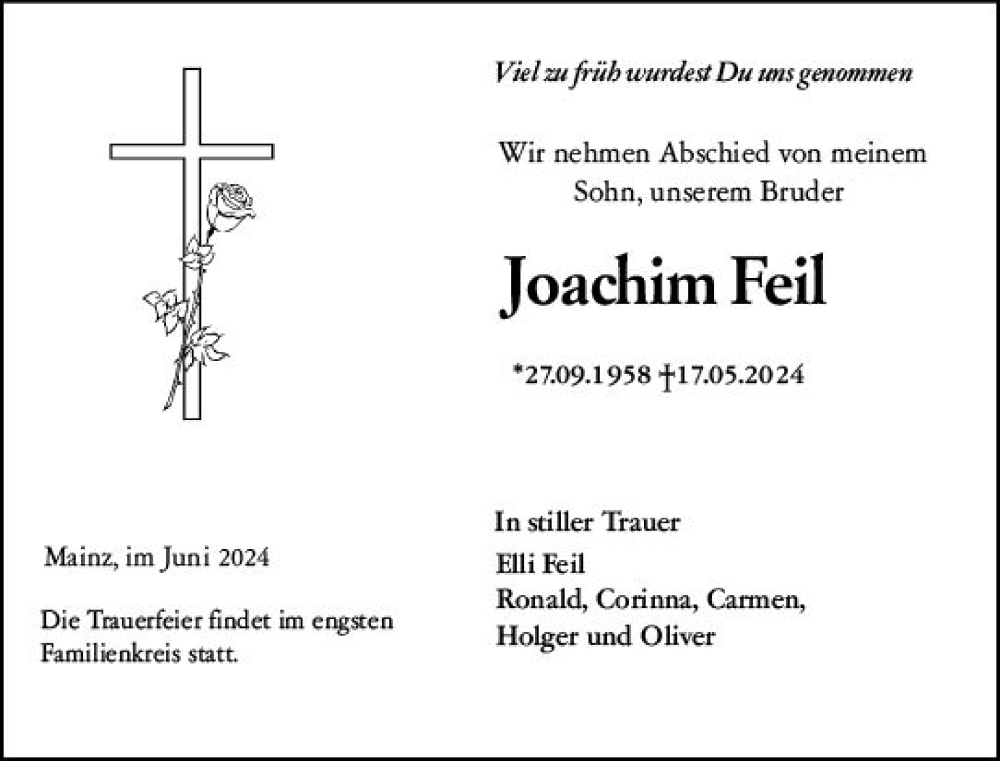  Traueranzeige für Joachim Feil vom 08.06.2024 aus Allgemeine Zeitung Mainz