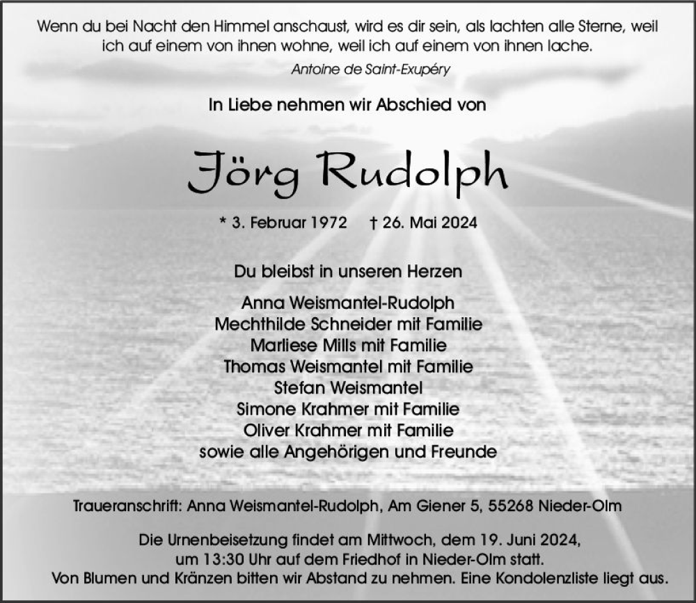  Traueranzeige für Jörg Rudolph vom 08.06.2024 aus Allgemeine Zeitung Mainz