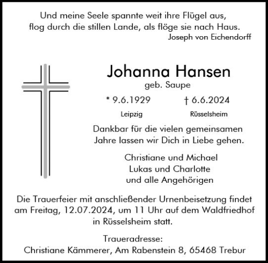 Traueranzeige von Johanna Hansen von Rüsselsheimer Echo