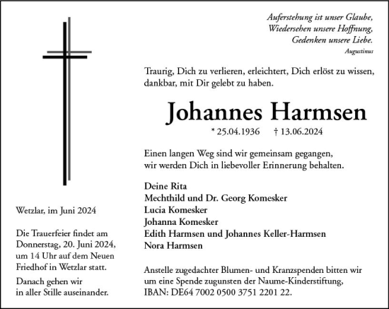 Traueranzeige von Johannes Harmsen von Wetzlarer Neue Zeitung