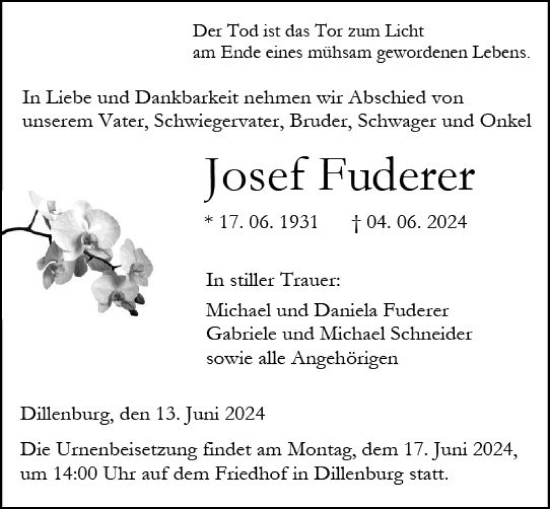 Traueranzeige von Josef Fuderer von Dill Block