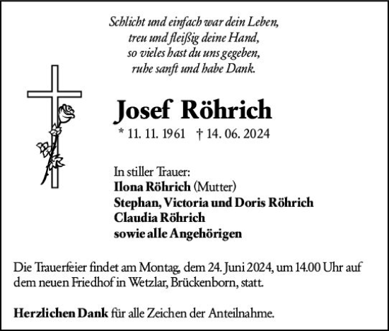 Traueranzeige von Josef Röhrich von Wetzlarer Neue Zeitung