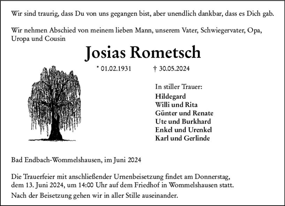 Traueranzeige für Josias Rometsch vom 11.06.2024 aus Hinterländer Anzeiger