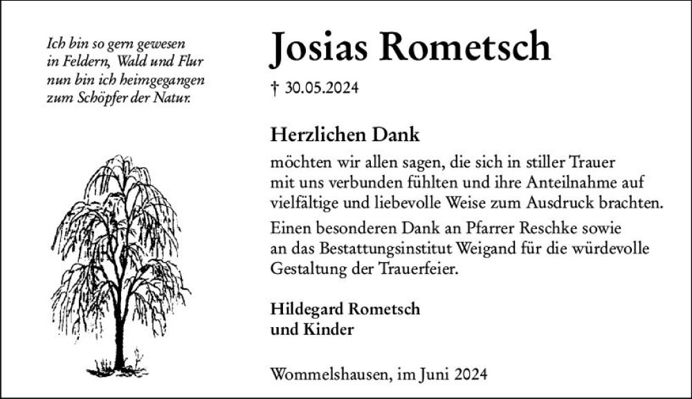  Traueranzeige für Josias Rometsch vom 22.06.2024 aus Hinterländer Anzeiger