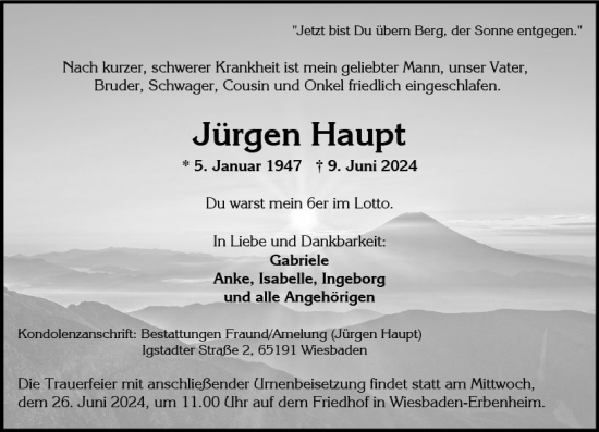 Traueranzeige von Jürgen Haupt von Wiesbadener Kurier