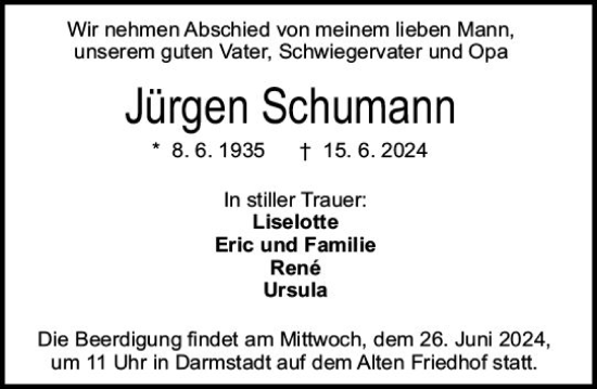 Traueranzeige von Jürgen Schumann von Darmstädter Echo