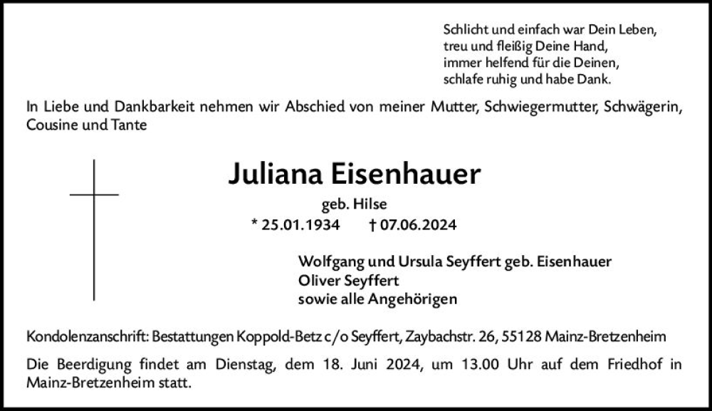  Traueranzeige für Juliana Eisenhauer vom 15.06.2024 aus Allgemeine Zeitung Mainz