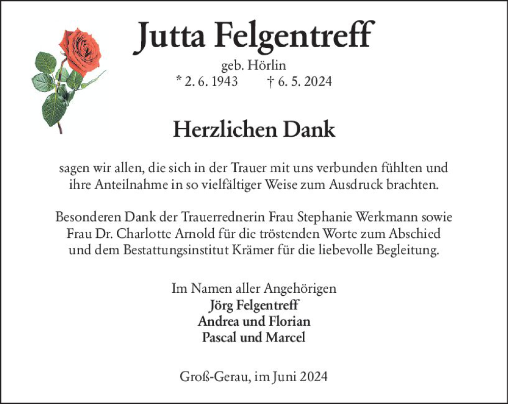  Traueranzeige für Jutta Feigentreff vom 08.06.2024 aus Groß-Gerauer Echo
