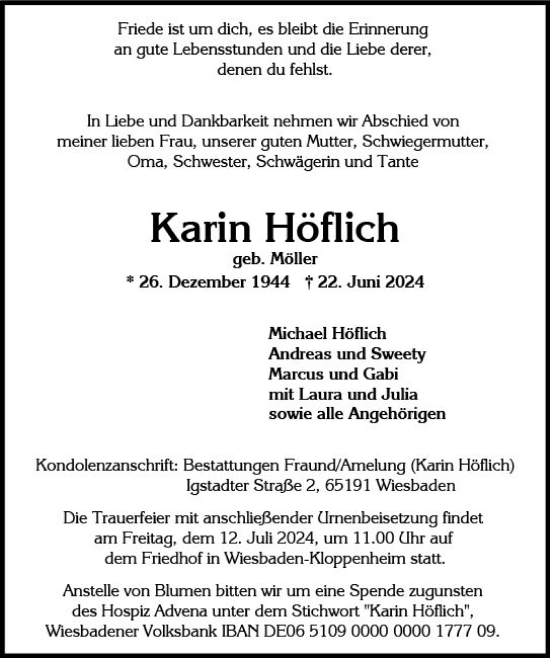 Traueranzeige von Karin Höflich von Wiesbadener Kurier
