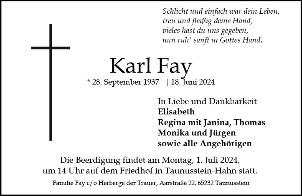  Traueranzeige für Karl Fay vom 22.06.2024 aus Idsteiner Land/Untertaunus
