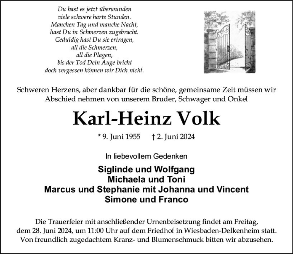  Traueranzeige für Karl-Heinz Volk vom 22.06.2024 aus Wiesbadener Kurier