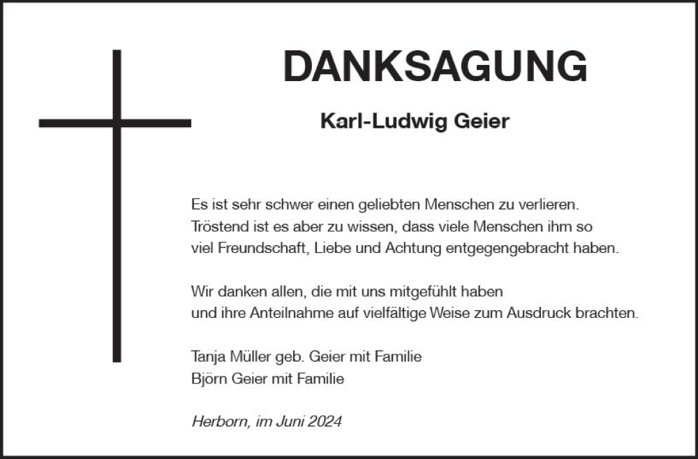  Traueranzeige für Karl-Ludwig Geier vom 22.06.2024 aus Dill Block