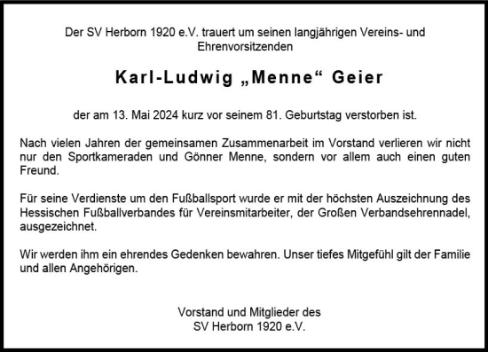 Traueranzeige von Karl-Ludwig Geier von Dill Block