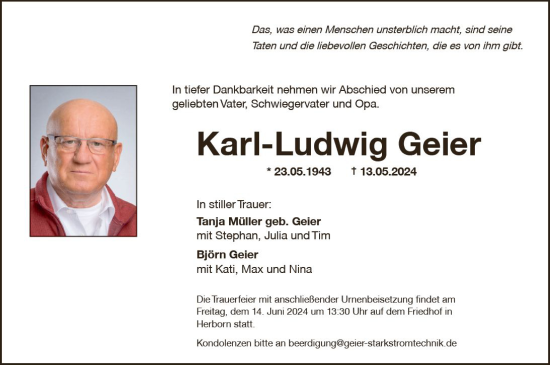 Traueranzeige von Karl-Ludwig Geier von Dill Block