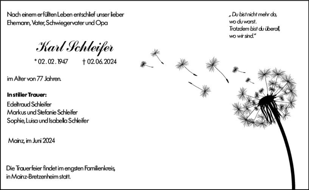  Traueranzeige für Karl Schleifer vom 08.06.2024 aus Allgemeine Zeitung Alzey