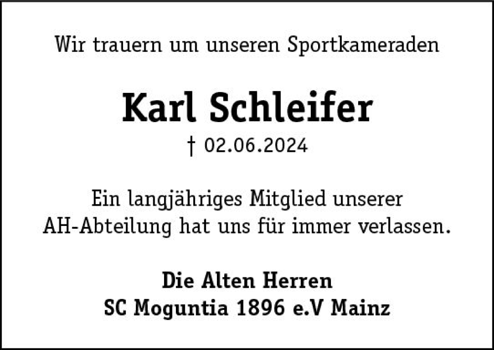  Traueranzeige für Karl Schleifer vom 15.06.2024 aus Allgemeine Zeitung Mainz