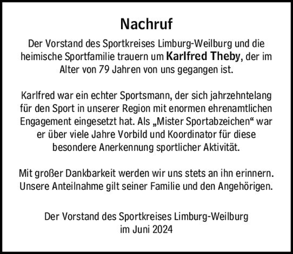  Traueranzeige für Karlfred Theby vom 27.06.2024 aus Camberger Anzeiger