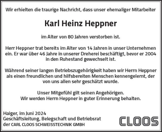 Traueranzeige von Karl Heinz Heppner von Dill Block