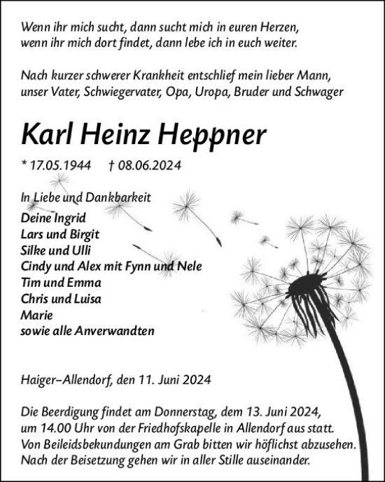 Traueranzeige von Karl Heinz Heppner von Dill Block