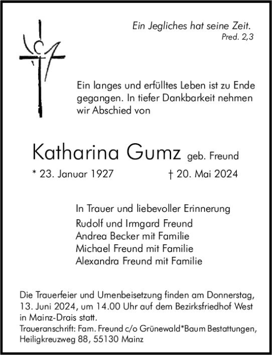 Traueranzeige von Katharina Gumz von Allgemeine Zeitung Mainz