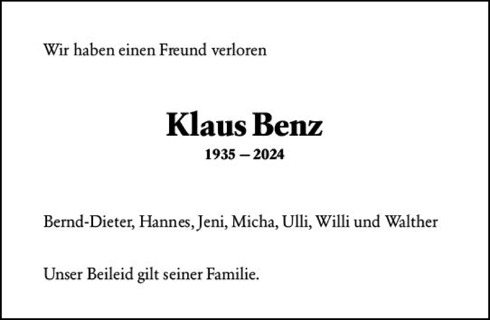  Traueranzeige für Klaus Benz vom 05.06.2024 aus Allgemeine Zeitung Mainz