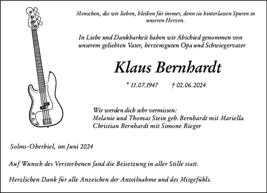 Traueranzeige von Klaus Bernhardt von Wetzlarer Neue Zeitung