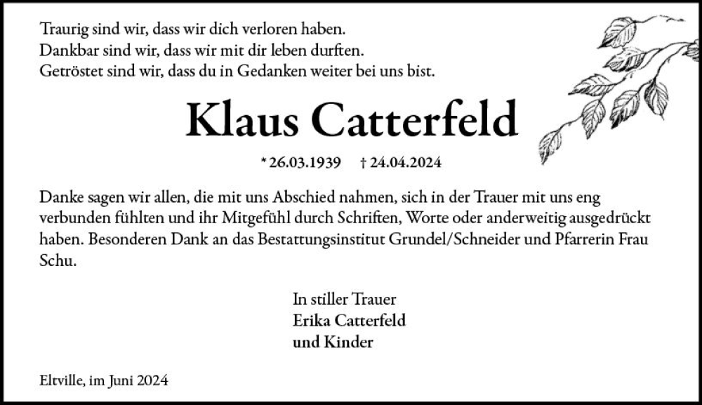  Traueranzeige für Klaus Catterfeld vom 08.06.2024 aus Rheingau Kurier