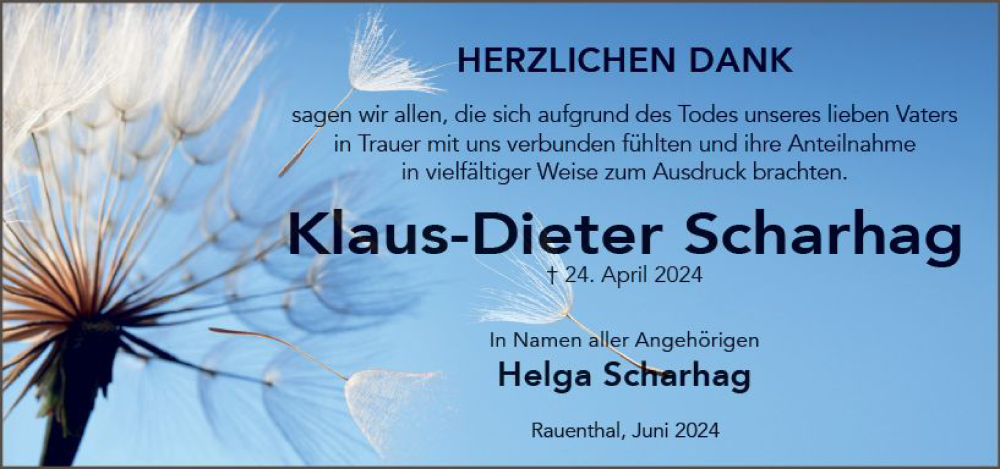  Traueranzeige für Klaus-Dieter Scharhag vom 22.06.2024 aus Wiesbadener Kurier