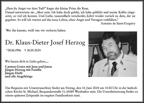Traueranzeige von Klaus-Dieter Josef Herzog von Wiesbadener Kurier