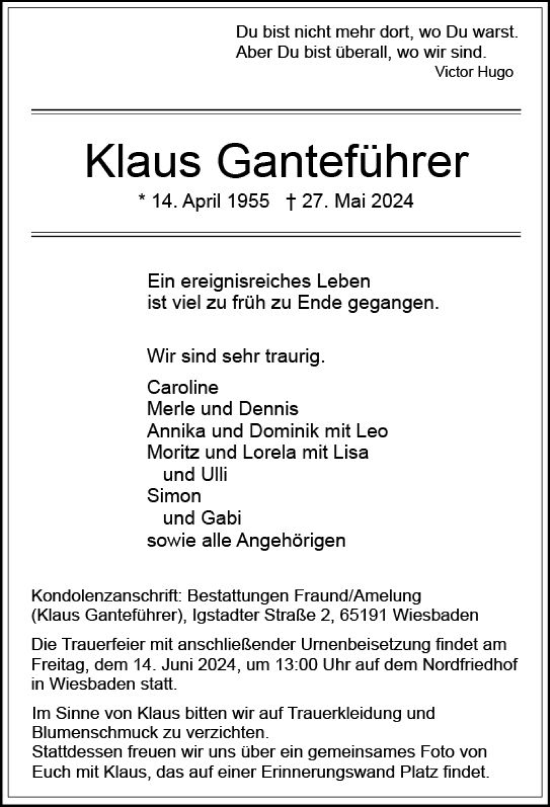 Traueranzeige von Klaus Ganteführer von Wiesbadener Kurier