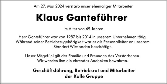 Traueranzeige von Klaus Ganteführer von Wiesbadener Kurier
