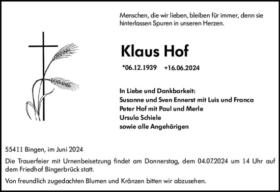 Traueranzeige von Klaus Hof von Allgemeine Zeitung Bingen/Ingelheim