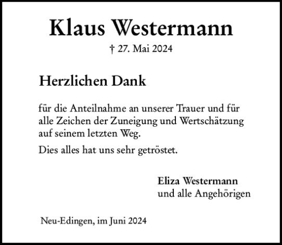 Traueranzeige von Klaus Westermann von Wormser Zeitung