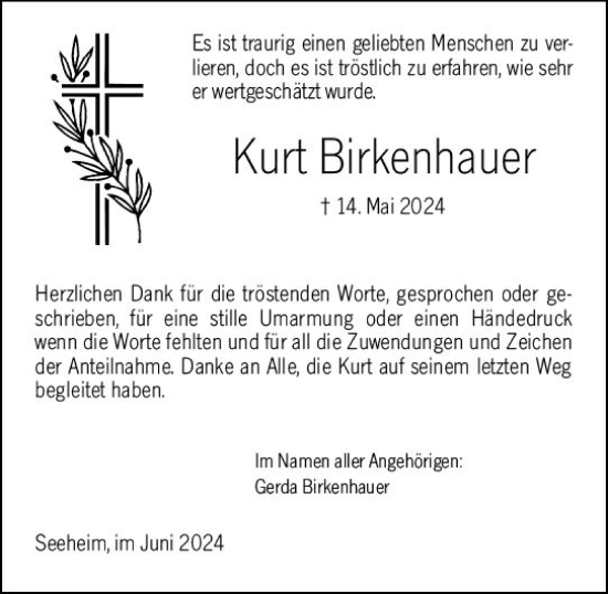 Traueranzeige von Kurt Birkenhauer von Darmstädter Echo