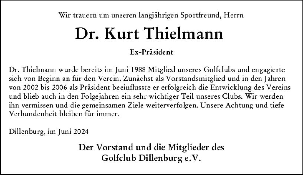  Traueranzeige für Kurt Thielmann vom 26.06.2024 aus Dill Block