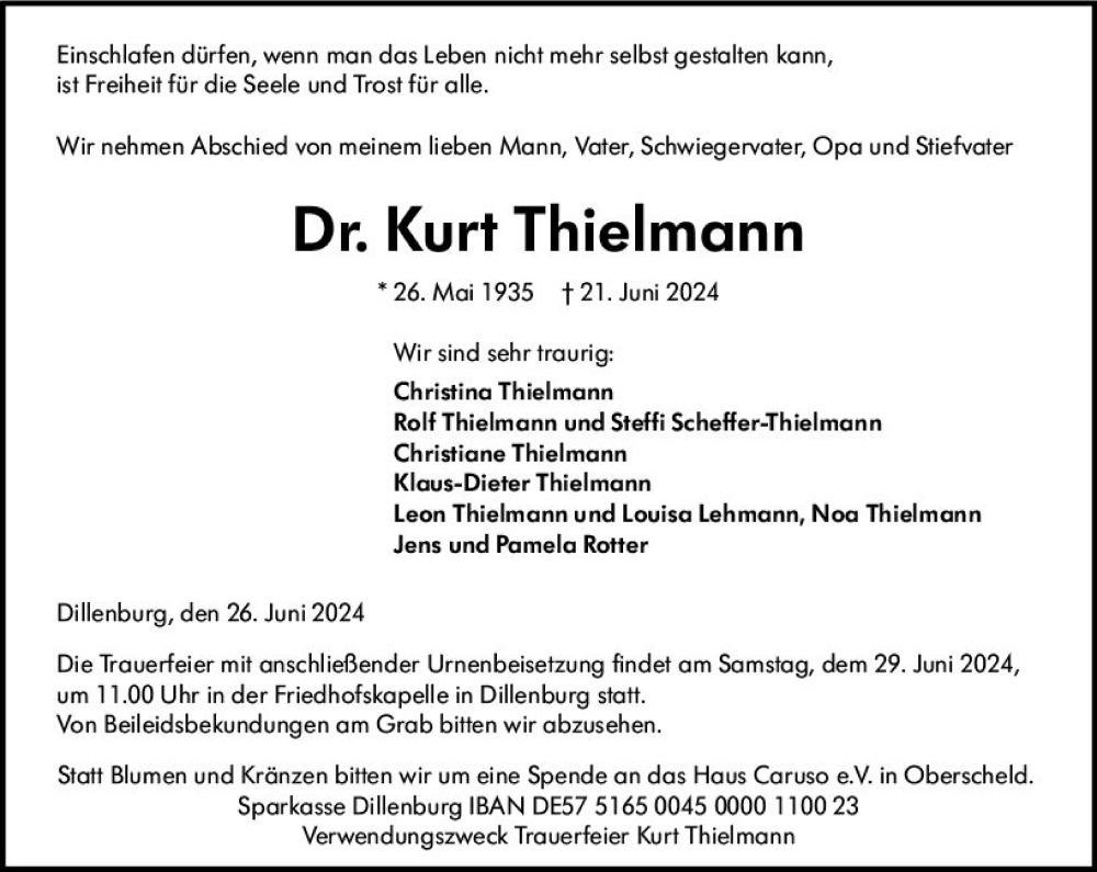  Traueranzeige für Kurt Thielmann vom 26.06.2024 aus Dill Block
