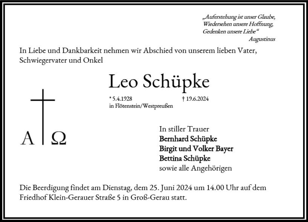  Traueranzeige für Leo Schüpke vom 22.06.2024 aus Groß-Gerauer Echo