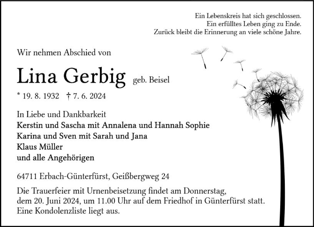  Traueranzeige für Lina Gerbig vom 15.06.2024 aus Odenwälder Echo