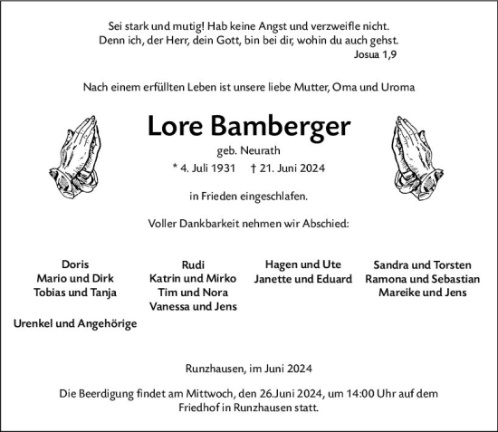 Traueranzeige von Lore Bamberger von Hinterländer Anzeiger