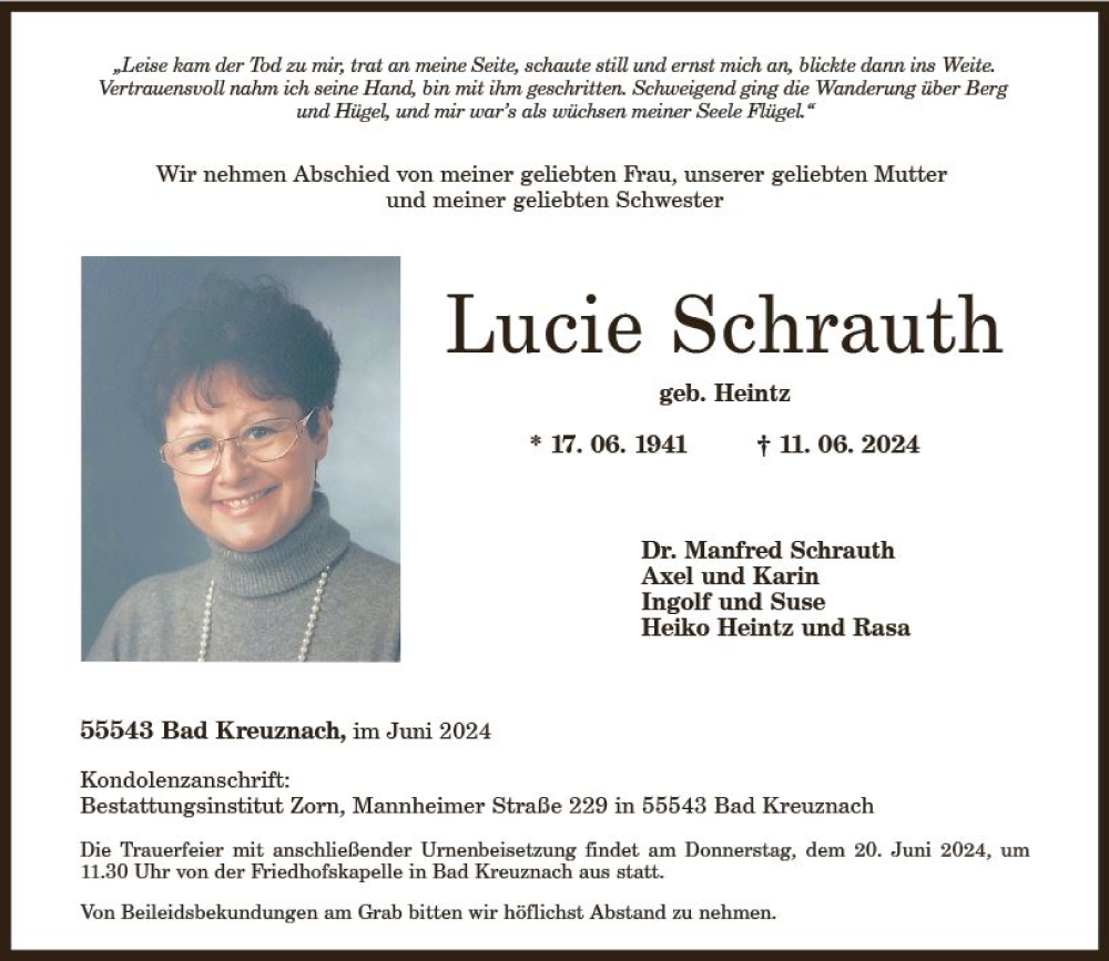  Traueranzeige für Lucie Schrauth vom 15.06.2024 aus Allgemeine Zeitung Bad Kreuznach